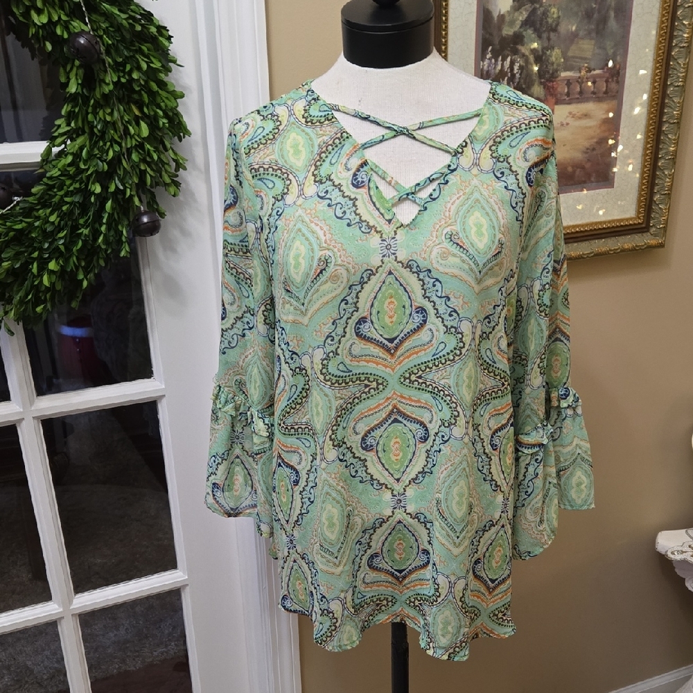 Umgee Mint Black White Paisley Blouse CrissCross Neck Statement Sleeve LG EUC